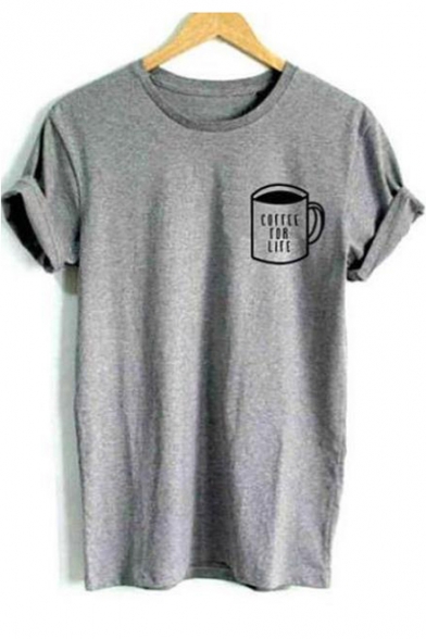 Cup Letter Printed Crewneck Short Sleeve Unisex Gray Tee