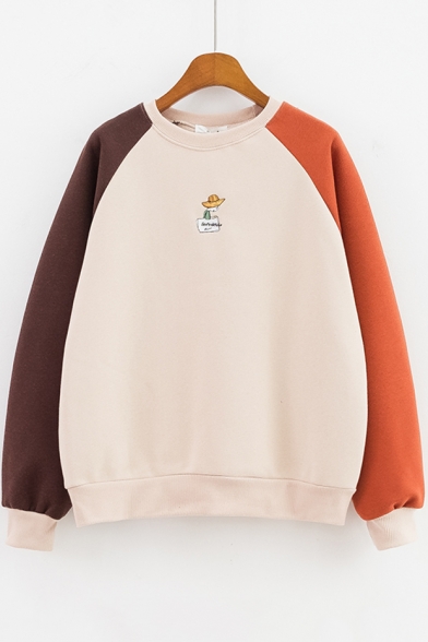 Cute Cartoon Embroidered Colorblock Long Sleeve Round Neck Pullover Sweatshirt for Girls