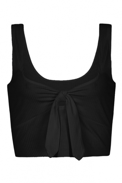 Fashion Bow-Tied Embellished Sexy Scoop Neck Sleeveless Cropped Plain Tank Top
