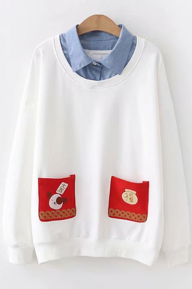 Funny Cartoon Print Pocket Patched Front Lapel Collar Long Sleeve Pullover Loose Sweatshirt