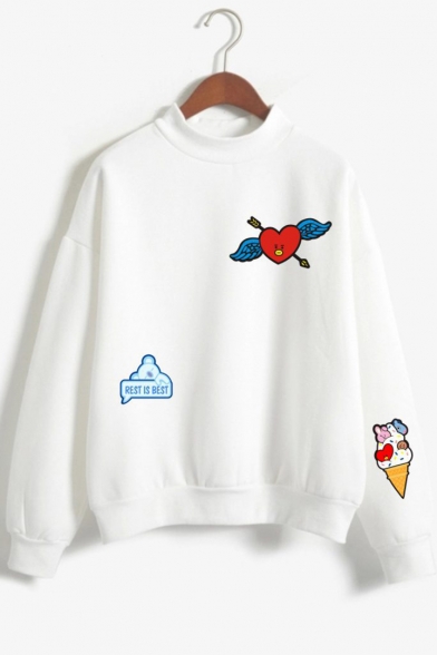 Hot Popular Cartoon Heart Ice Cream Printed Mock Neck Long Sleeve Pullover Sweatshirt