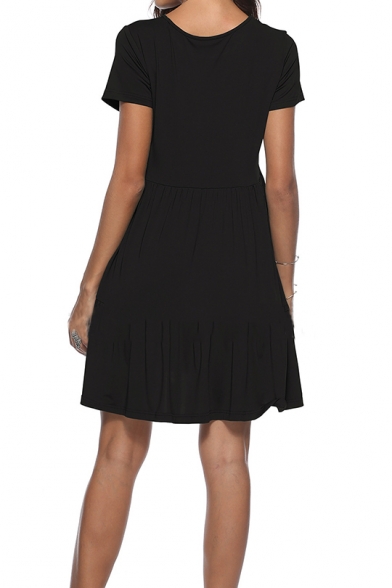 Hot Popular V-Neck Short Sleeve Simple Plain Mini A-Line Pleated Dress