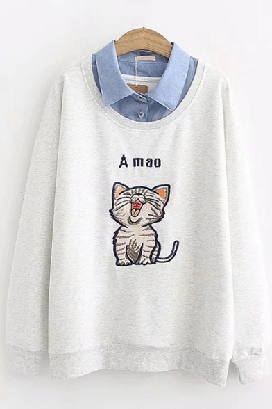 Lapel Collar Patch Long Sleeve Cat Letter Embroidered Leisure Relaxed Pullover Sweatshirt