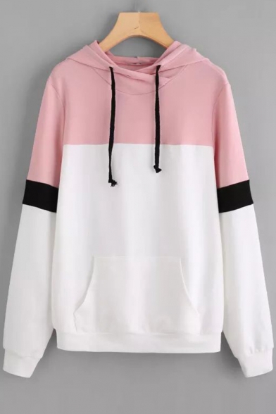 Loose Casual Stylish Colorblock Long Sleeve Pullover Drawstring Hoodie