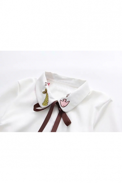 Lovely Cartoon Fish Embroidered Collar Bow-Tied Collar Long Sleeve Button Down White Shirt