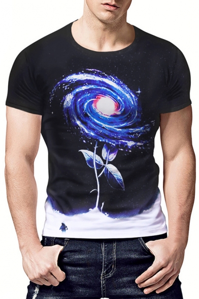 Men's Black Round Neck Short Sleeve Stylish Galaxy Print Slim Fitted T-Shirt