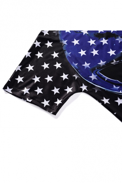 Men's Cool Skull American Flag Printed Round Neck Short Sleeve Slim Fit Black T-Shirt