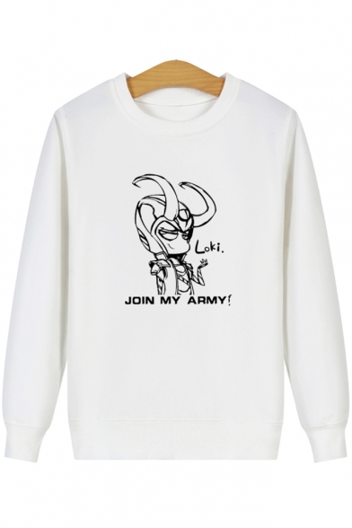 Men's Cute Cartoon Loki Letter JOIN MY ARMY Printed Long Sleeve Fitted Cotton Graphic Sweatshirt