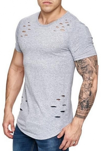 Men's Fashion Ripped Basic Plain Short Sleeve Round Hem Fitted T-Shirt