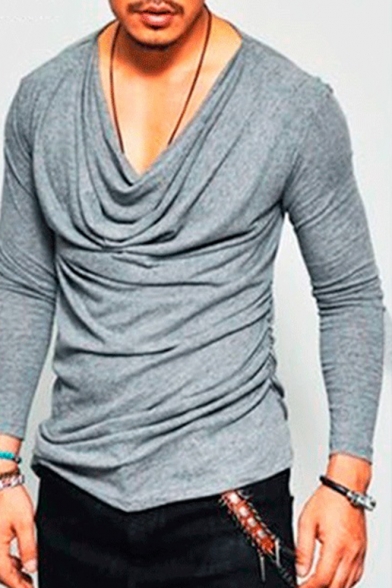 Men's New Stylish Draped Cowl Neck Long Sleeve Basic Plain T-Shirt