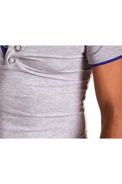 Men's Stylish Contrast Trim Grommet Eyelet V-Neck Short Sleeve Slim Fit T-Shirt