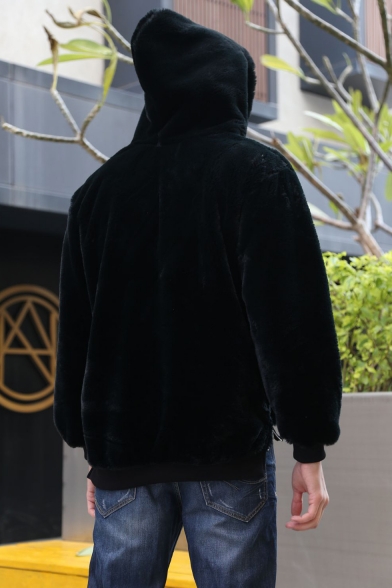 Men's Stylish Warm Thick Long Sleeve Fluffy Fleece Black Casual Drawstring Hoodie
