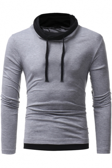 Men's Unique Funnel Neck Drawstring Collar Long Sleeve Contrast Trim Slim Pullover Sweatshirt