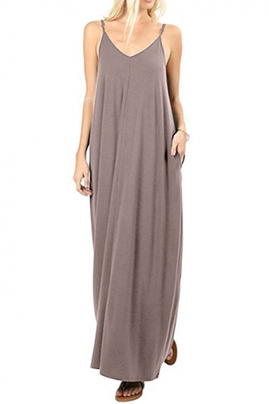 New Arrival Trendy Spaghetti Straps Simple Plain Maxi Casual Loose Slip Dress with Pocket