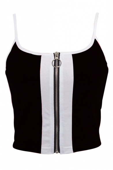 New Stylish Colorblock Zip Closure Front Strap Cropped Slim Cami Top