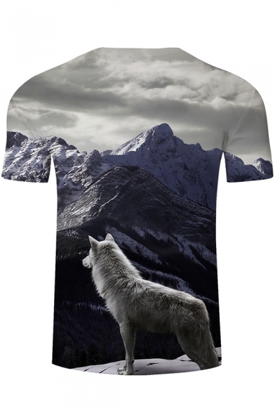 New Trendy 3D Wolf Printed Grey Short Sleeve Crewneck Fitted T-Shirt