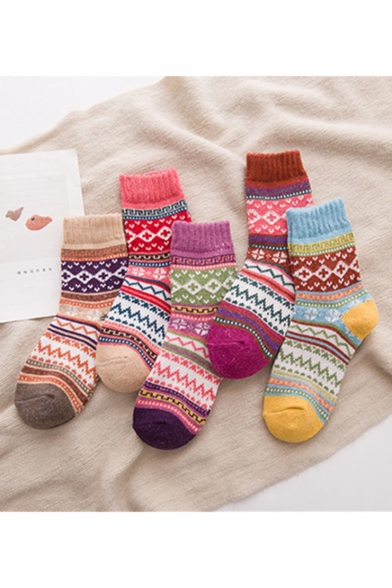 New Trendy Tribal Printed Thick Warm Woolen Socks Five-Pair