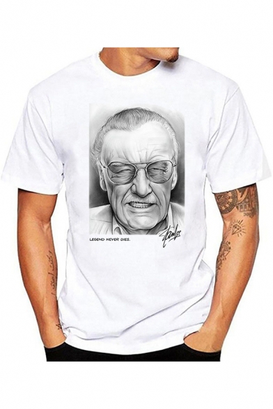 Popular Figure American Comic Book Writer Portrait Printed Short Sleeve White T-Shirt