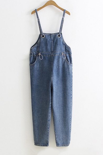 Students Basic Simple Plain Spaghetti Straps Straight Cropped Overall Jeans