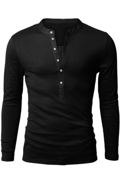 Stylish Patched Button V-Neck Long Sleeve Simple Plain Fitted Henley Shirt