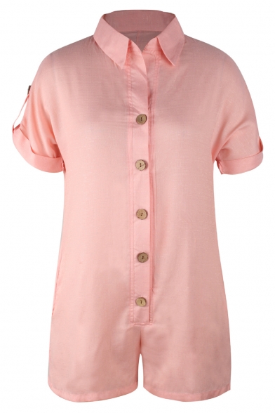 Hajotrawa Women Short Sleeve Pocket Casual Shirt Lapel Button Front Rompers