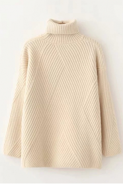 Basic Simple Plain Long Sleeve Turtle Neck Loose Casual Pullover Sweater