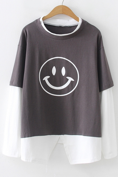 Cartoon Smile Face Layered Patch Long Sleeve Round Neck Colorblock Loose Fit T-Shirt