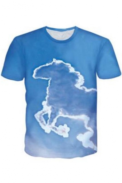 Cool Unique 3D Horse Printed Short Sleeve Blue Casual T-Shirt