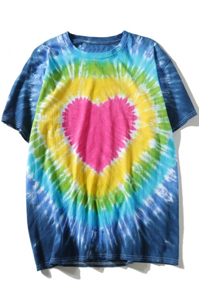 Creative Heart Print Tie Dyed Loose Fit Unisex Cotton Blue T-Shirt