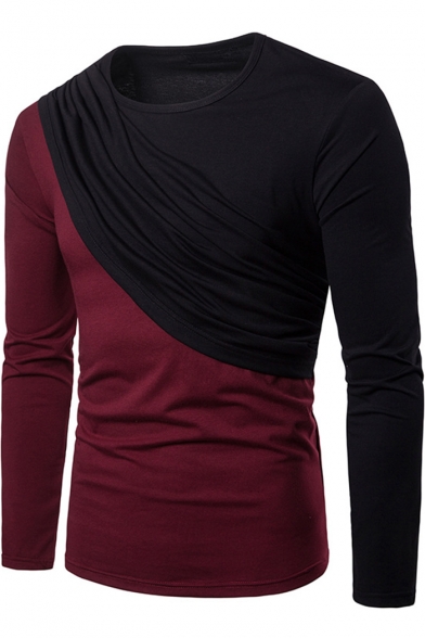 Fashion Colorblock Patchwork Round Neck Long Sleeve Men's Fitted T-Shirt
