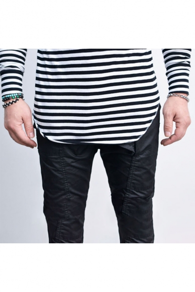 Fashion Striped Print Round Neck Long Sleeve Round Hem Fitted Basic T-Shirt