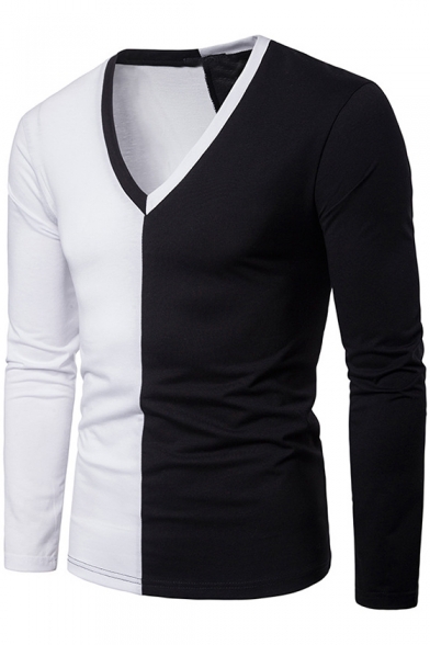 Fashion Two-Tone Colorblock Long Sleeve V-Neck Basic Fitted T-Shirt for Men