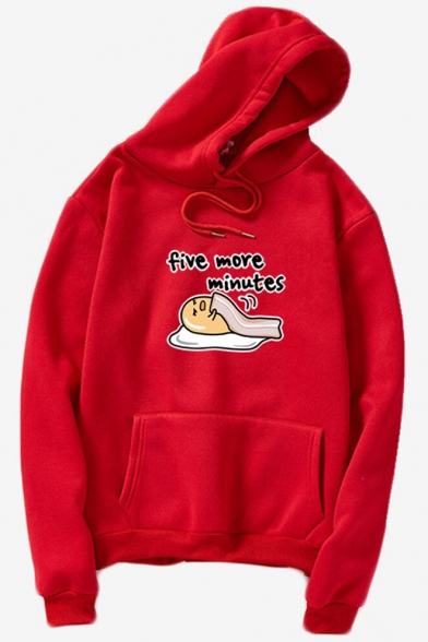 Hot Popular Letter FIVE MORE MINUTES Sleeping Egg Print Relaxed Long Sleeve Drawstring Hoodie