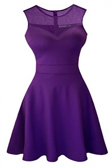 Hot Popular Mesh-Insert Round Neck Sleeveless Plain Mini A-Line Dress