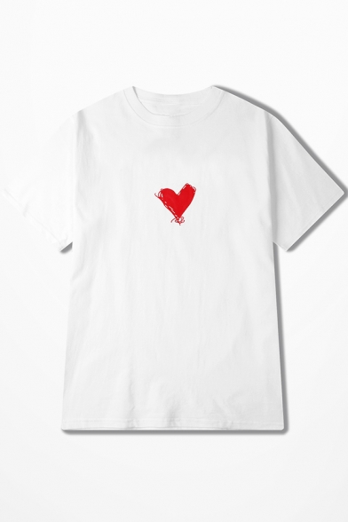 Men's Basic Simple Heart Printed Round Neck Loose Cotton T-Shirt