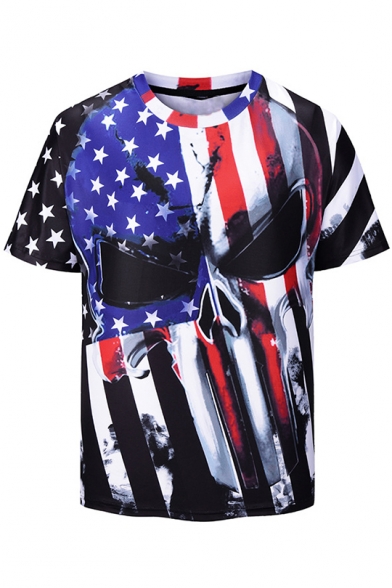 Men's Cool Skull American Flag Printed Round Neck Short Sleeve Slim Fit Black T-Shirt