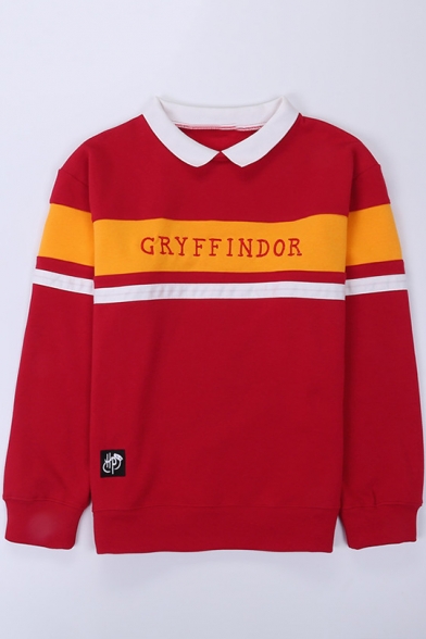 Fashion Letter GRYFFINDOR Print Colorblock Lapel Collar Long Sleeve Pullover Sweatshirt