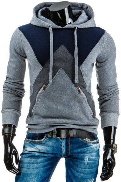 Men's New Stylish Geometric Colorblock Double Zip-Embellished Long Sleeve Fitted Drawstring Hoodie