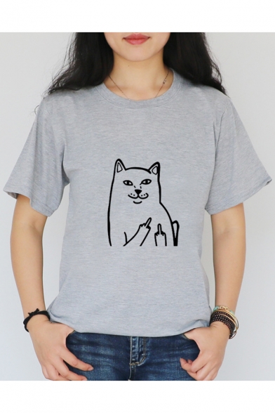 Popular Cartoon Cat Printed Crewneck Short Sleeve Loose Fit T-Shirt