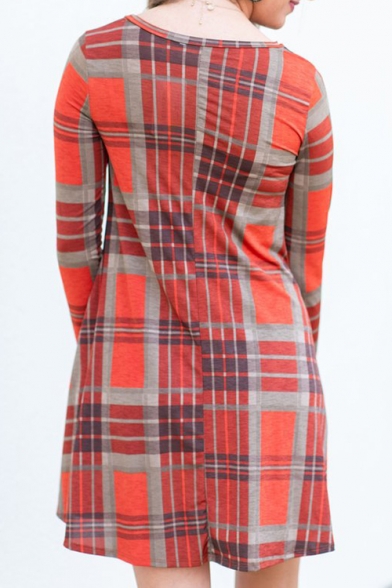 Popular Check Pattern Round Neck Long Sleeve Mini Swing Dress for Women