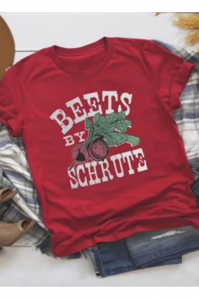 Popular Letter BEETS Print Short Sleeve Casual Red Graphic Tee