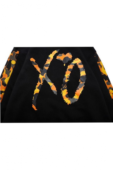 Popular Letter XO Printed Camouflage Patched Long Sleeve Black Zip Up Shark Hoodie