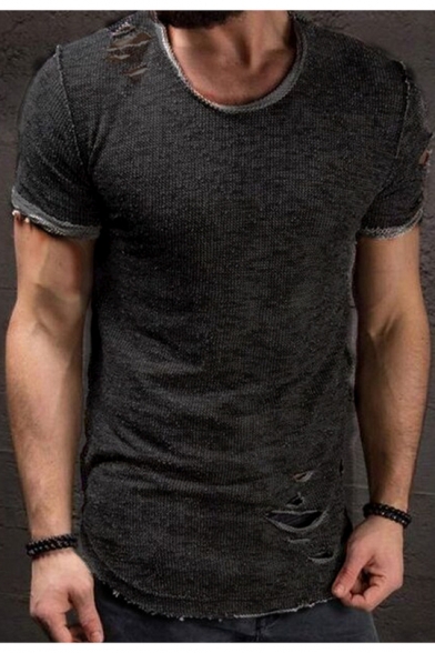 Retro Ripped Detail Basic Short Sleeve Solid Slim Fit T-Shirt for Men