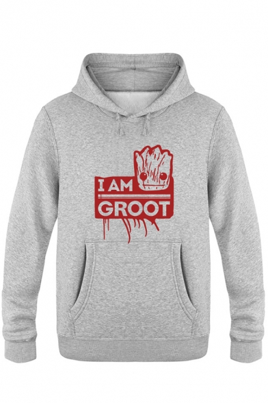 Stylish Cartoon Letter I AM GROOT Print Regular Fitted Pullover Hoodie for Men