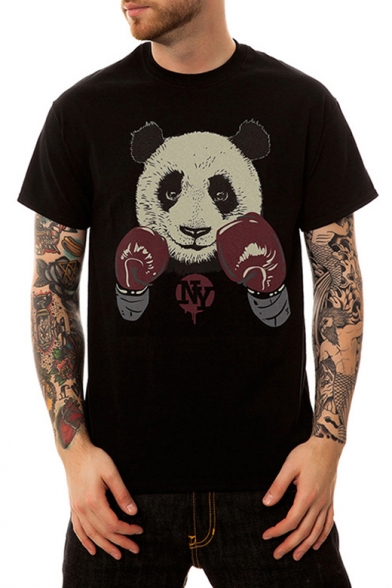 Summer Black Cute Cartoon Boxing Panda Pattern Short Sleeve Men's Casual T-Shirt
