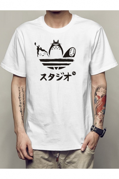 White Cartoon Totoro Japanese Character Print Short Sleeve Relaxed T-Shirt