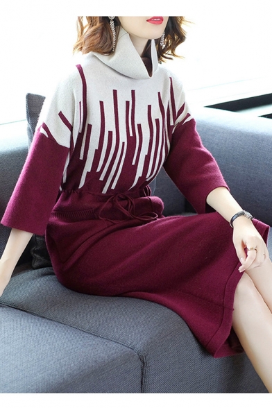 Winter's Fashion Cowl Neck Three-Quarter Sleeve Colorblock Drawstring Waist Midi Sheath Sweater Dress