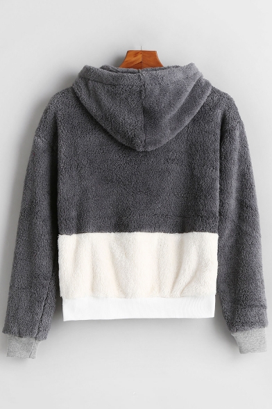Winter's Warm Fluffy Colorblock Long Sleeve Loose Casual Pullover Grey Hoodie