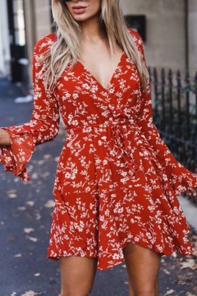 Women's Fashion Floral Printed V-Neck Flared Sleeve Mini A-Line Dress