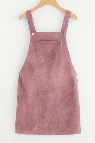 Basic Simple Plain Mini Shift Corduroy Overall Dress for Girls